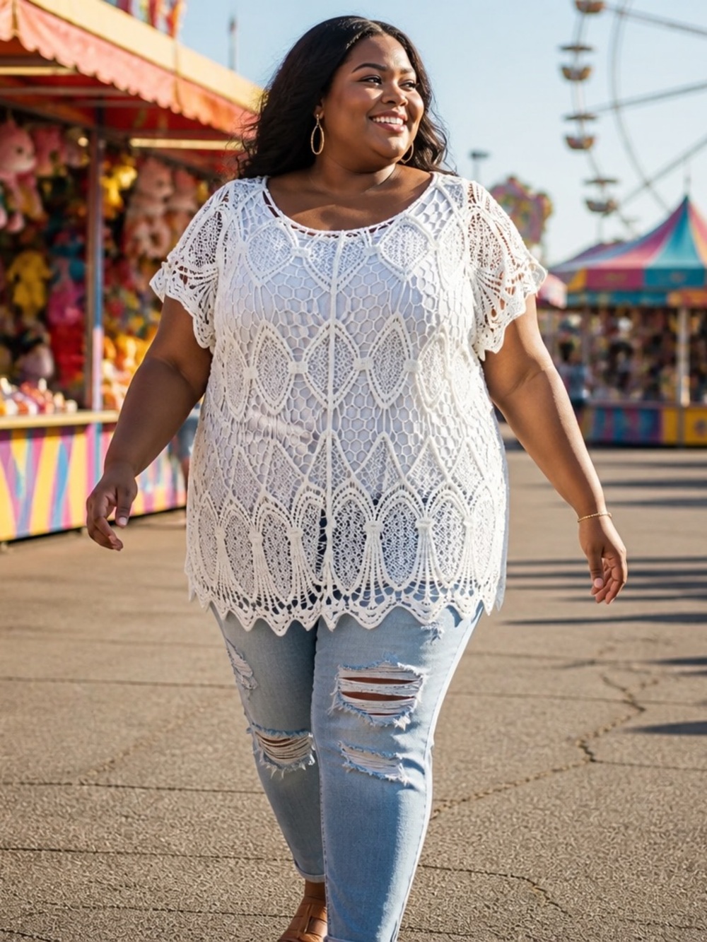 Roz And Ali White Crochet Short Sleeve Top With Tank Top Lining, Plus Size 1X